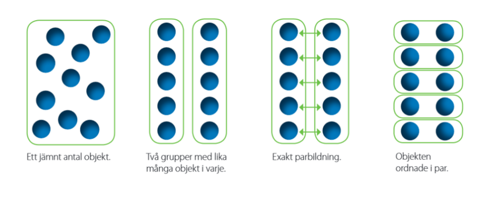 Fyra olika bilder
1. Ett jämnt antal objekt (på bilden: en box som innehåller 10 bollar).
2. Tvågrupper med olika många objekt i varje (på bilden: två likadana lådor med 5 bollar sida vid sida).
3. Exakt parbildning (på bilden: två likadana lådor med 5 bollar sida vid sida och pilar mellan intilliggande bollar.
4. Objekten ordnade i par (på bilden: 5 lådor med 2 bollar, staplade på varandra).
 