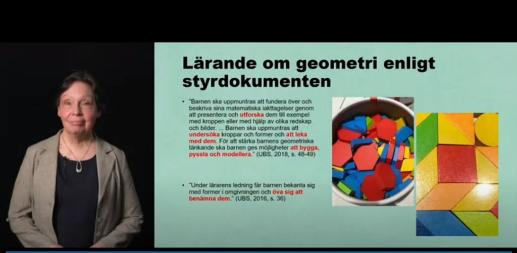 På bilden: Ann-Catherine Henriksson med geometriska former som syns på föreläsningspresentationen om Lärande om geometri enligt styrdokumenten.  