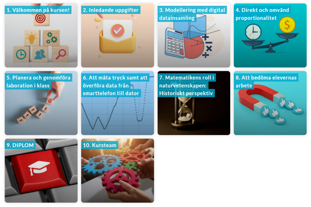 Kursinnehåll i kursens nätplattform Digicampus:
1. Välkommen på kursen!
2. Inledande uppgifter
3. Modellering med digital datainsamling
4. Direkt och omvänd proportionalet
5. Planera och genomföra laboration i klass
6. Att mäta tryck samt att överföra data från smarttelefon till dator
7. Matematikens roll i naturvetenskapen: Historiskt perspektiv
8. Att bedöma elevernas arbete
9. DIPLOM
10. Kursteam.